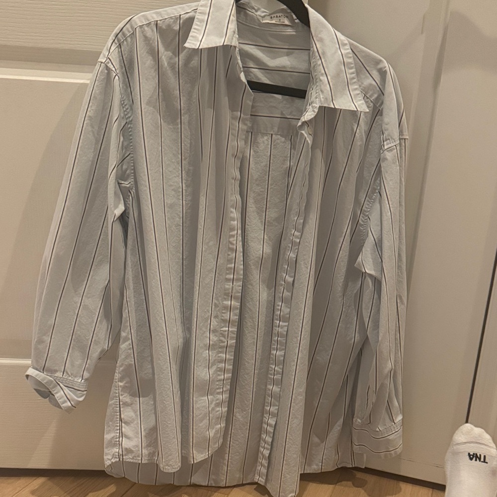 BabatonBlue Button Down Shirt with Black Stripes